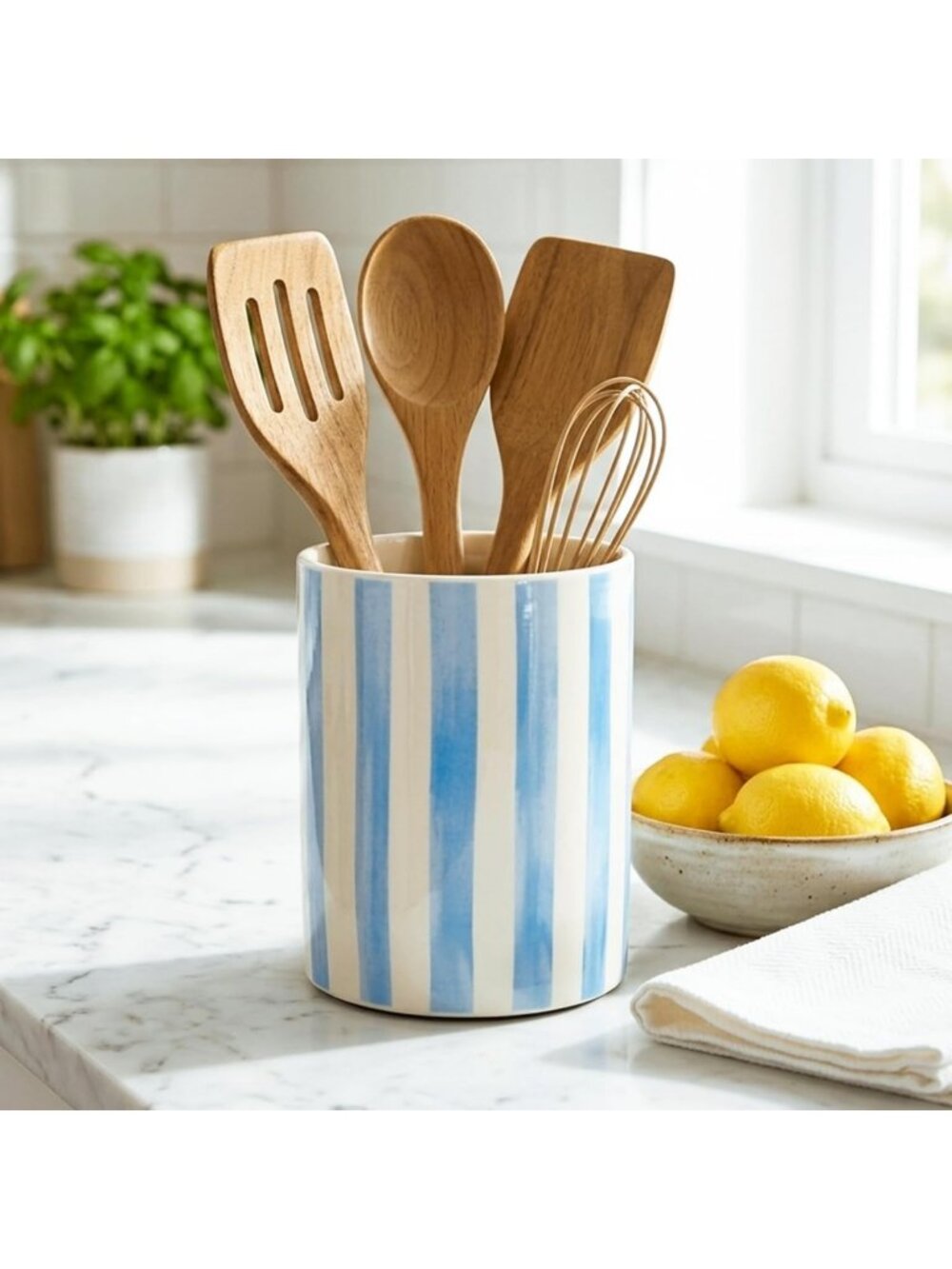 Coastal Blue & White Stripe Ceramic Utensil Holder - Summer Kitchen Organizer